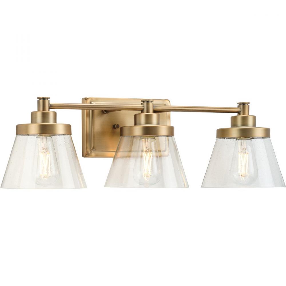 Hinton Collection Three-Light Vintage Brass Clear Seeded Glass Farmhouse Bath Vanity Light