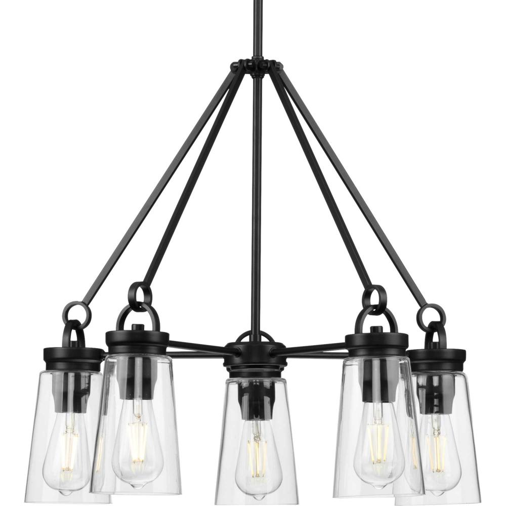 Stockbrace Collection Five-Light Matte Black and Clear Glass Farmhouse Style Chandelier Light