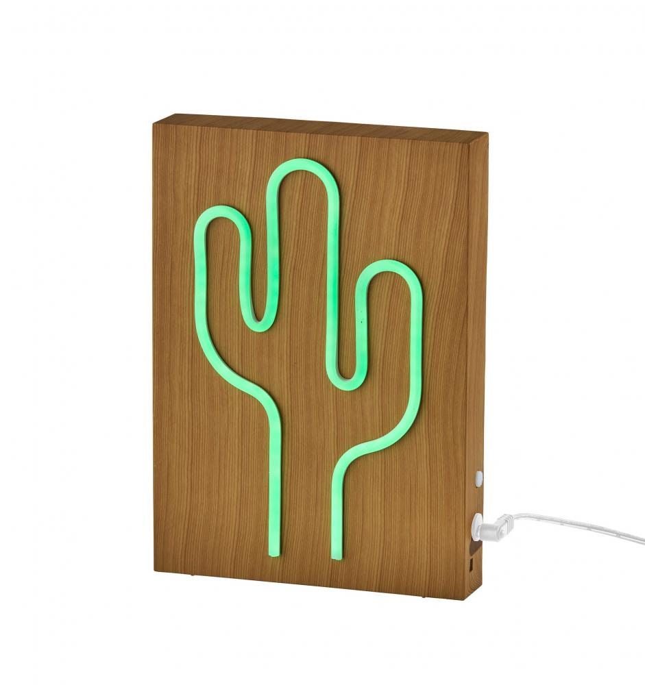 Wood Framed Neon Cactus Table/Wall Lamp