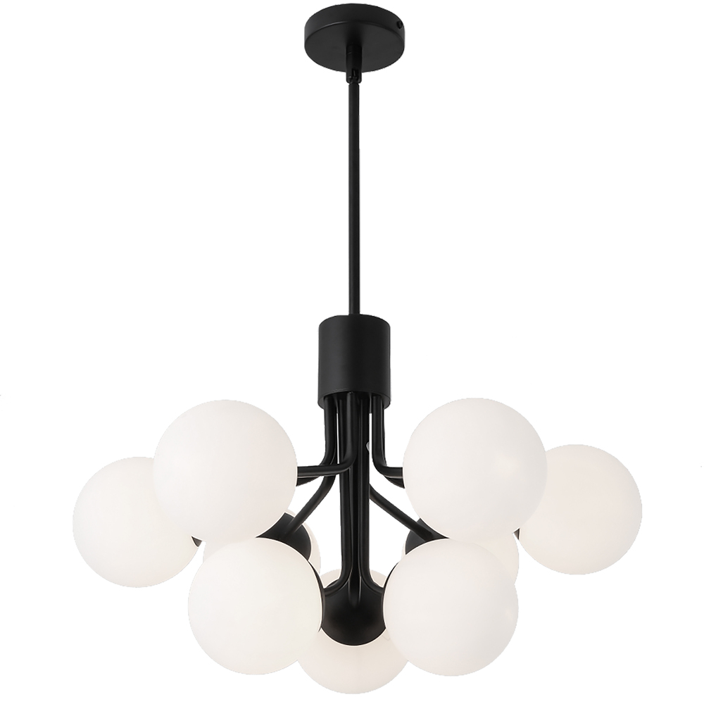 9 Light Halogen Chandelier, Matte Black with Opal Glass