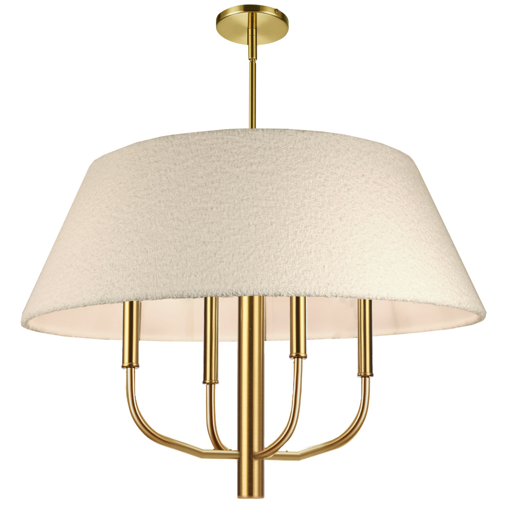 4 Light Incandescent Aged Brass Chandelier with Boucle Fabric Shade