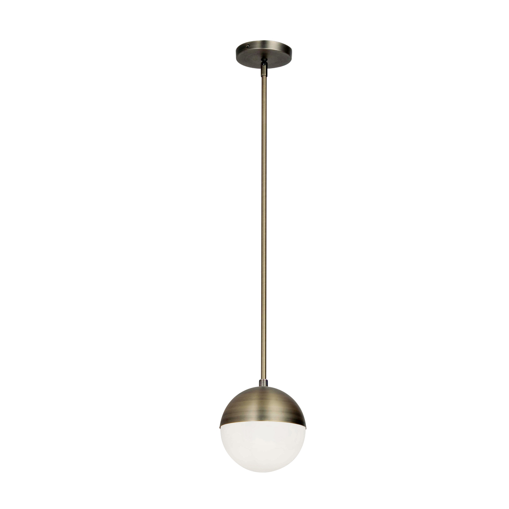 1 Light Halogen Pendant, Antique Brass Finish with White Glass