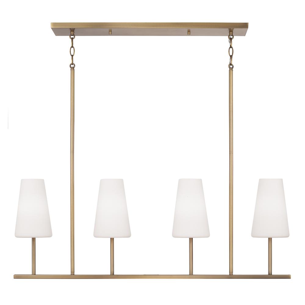 4-Light Modern Linear Chandelier in Aged Brass with Tapered Soft White Glass
