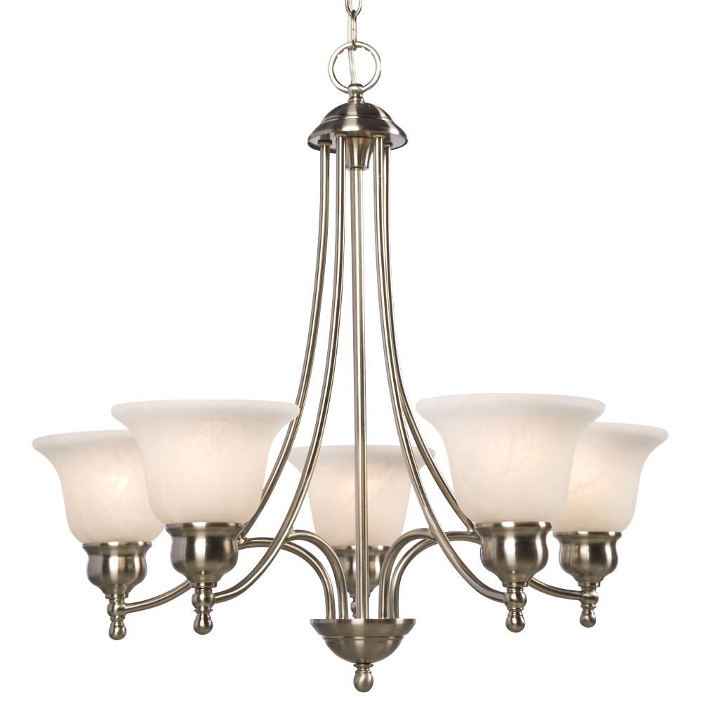 Five Light Chandelier - Brushed Nickel w/ White Marbled Glass