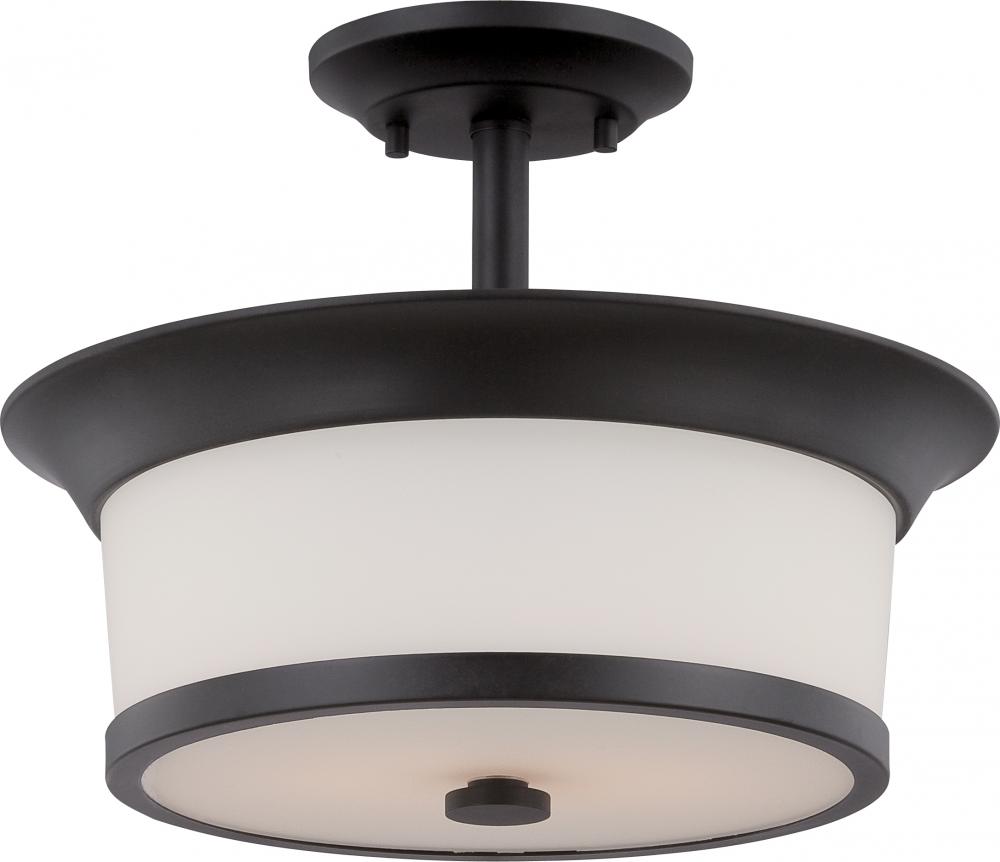 Mobili - 2 Light Semi Flush with Satin White Glass - Aged Bronze Finish