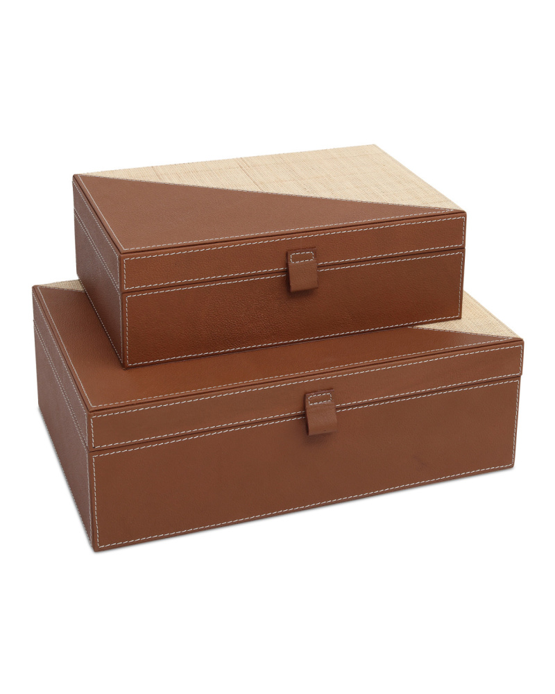 Leather & Raffia Box Set of 2